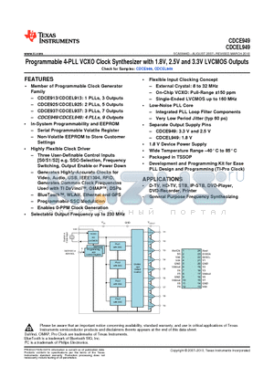 CDCEL949PWG4 datasheet - Programmable 4-PLL VCXO Clock Synthesizer with 1.8V, 2.5V and 3.3V LVCMOS Outputs