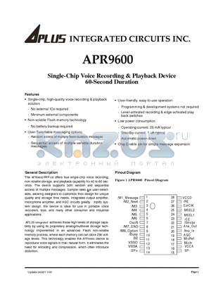 APR9600 datasheet - SINGLE-CHIP VOICE RECORDING & PLAYBACK DEVICE FOR SINGLE 60 SECOND MESSAGE