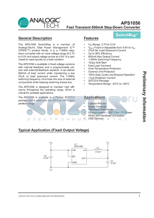 APS1056 datasheet - Fast Transient 600mA Step-Down Converter