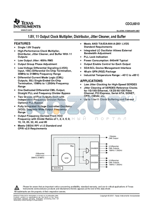 CDCL6010RGZTG4 datasheet - 1.8V, 11 Output Clock Multiplier, Distributor, Jitter Cleaner, and Buffer