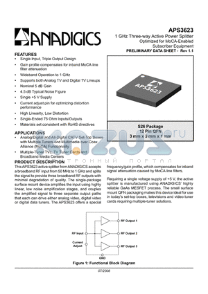 APS3623 datasheet - 1 GHz Three-way Active Power Splitter Optimized for MoCA-Enabled Subscriber Equipment