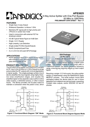 APS3625 datasheet - 5-Way Active Splitter with One-Port Bypass 50 MHz to 1000 MHz