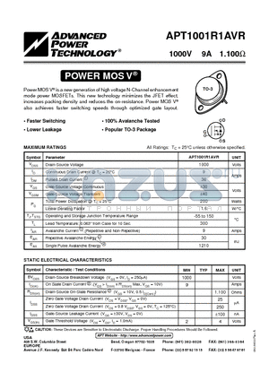 APT1001R1AVR datasheet - Power MOS V is a new generation of high voltage N-Channel enhancement mode power MOSFETs