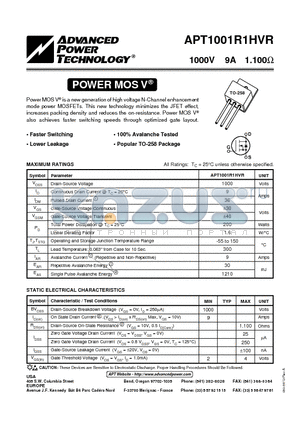 APT1001R1HVR datasheet - Power MOS V is a new generation of high voltage N-Channel enhancement mode power MOSFETs.