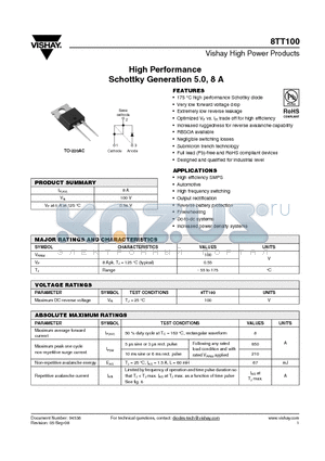 8TT100 datasheet - High Performance Schottky Generation 5.0, 8 A
