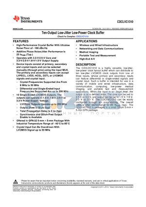 CDCLVC1310RHBR datasheet - Ten-Output Low-Jitter Low-Power Clock Buffer