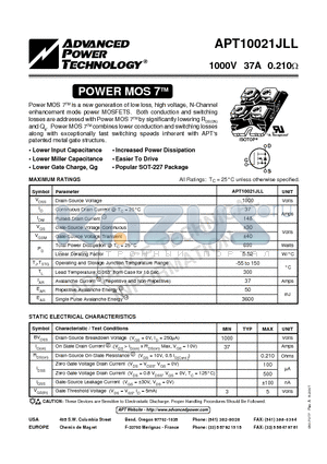 APT10021JLL datasheet - Power MOS 7 is a new generation of low loss, high voltage, N-Channel enhancement mode power MOSFETS.