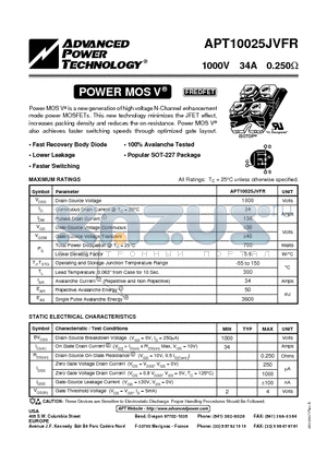 APT10025JVFR datasheet - Power MOS V is a new generation of high voltage N-Channel enhancement mode power MOSFETs.