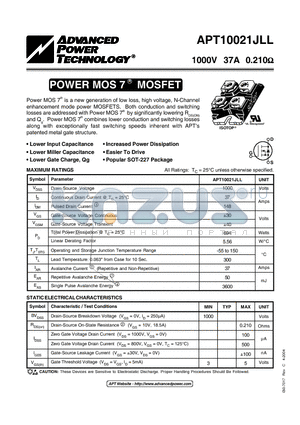 APT10021JLL datasheet - Power MOS 7 is a new generation of low loss, high voltage, N-Channel enhancement mode power MOSFETS.