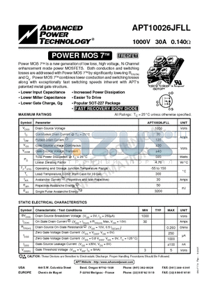 APT10026JFLL datasheet - Power MOS 7TM is a new generation of low loss, high voltage, N-Channel enhancement mode power MOSFETS.