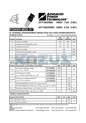 APT1002RBN datasheet - N-CHANNEL ENHANCEMENT MODE HIGH VOLTAGE POWER MOSFETS