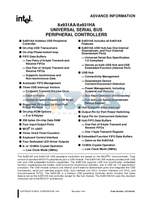8X931AA datasheet - UNIVERSAL SERIAL BUS PERIPHERAL CONTROLLERS