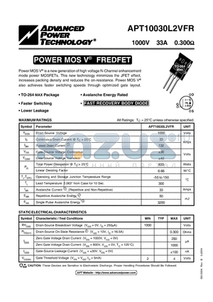 APT10030L2VFR datasheet - Power MOS V is a new generation of high voltage N-Channel enhancement mode power MOSFETs.
