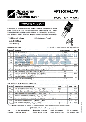 APT10030L2VR datasheet - Power MOS V is a new generation of high voltage N-Channel enhancement mode power MOSFETs.