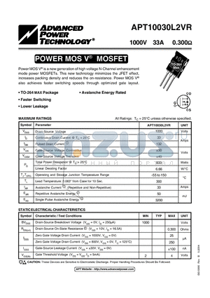 APT10030L2VR datasheet - Power MOS V is a new generation of high voltage N-Channel enhancement mode power MOSFETs.