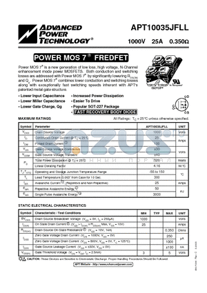 APT10035JFLL datasheet - Power MOS 7TM is a new generation of low loss, high voltage, N-Channel enhancement mode power MOSFETS.