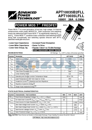 APT10035LFLL datasheet - Power MOS 7TM is a new generation of low loss, high voltage, N-Channel enhancement mode power MOSFETS.