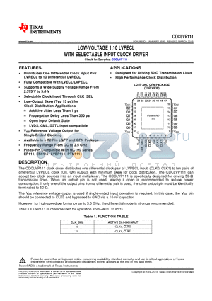 CDCLVP111RHBR datasheet - LOW-VOLTAGE 1:10 LVPECL WITH SELECTABLE INPUT CLOCK DRIVER