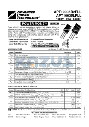 APT10035LFLL datasheet - Power MOS 7TM is a new generation of low loss, high voltage, N-Channel enhancement mode power MOSFETS.