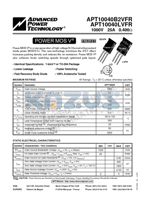 APT10040B2VFR datasheet - Power MOS V is a new generation of high voltage N-Channel enhancement mode power MOSFETs.