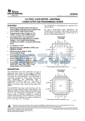 CDCM1804 datasheet - 1:3 LVPECL CLOCK BUFFER  ADDITIONAL LVCMOS OUTPUT AND PROGRAMMABLE DIVIDER