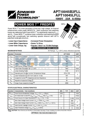 APT10045LFLL datasheet - Power MOS 7TM is a new generation of low loss, high voltage, N-Channel enhancement mode power MOSFETS.