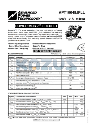 APT10045JFLL_03 datasheet - Power MOS 7TM is a new generation of low loss, high voltage, N-Channel enhancement mode power MOSFETS.