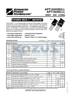 APT10045LLL datasheet - Power MOS 7TM is a new generation of low loss, high voltage, N-Channel enhancement mode power MOSFETS.