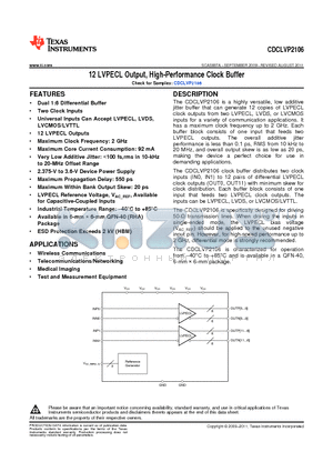 CDCLVP2106RHAT datasheet - 12 LVPECL Output, High-Performance Clock Buffer