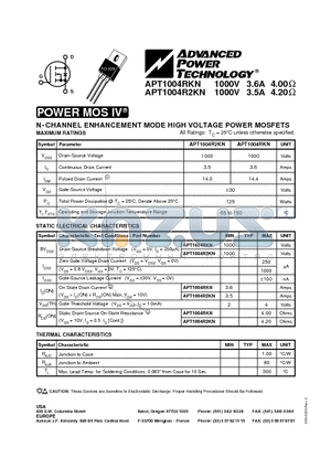 APT1004R2KN datasheet - N-CHANNEL ENHANCEMENT MODE HIGH VOLTAGE POWER MOSFETS