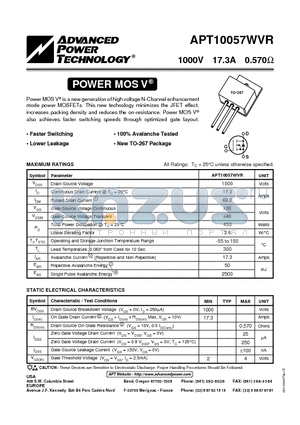 APT10057WVR datasheet - Power MOS V is a new generation of high voltage N-Channel enhancement mode power MOSFETs.