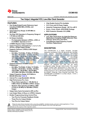 CDCM61002RHBT datasheet - Two Output, Integrated VCO, Low-Jitter Clock Generator