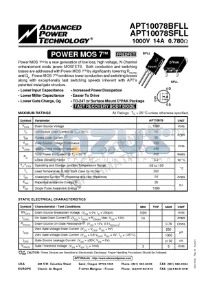 APT10078SFLL datasheet - Power MOS 7TM is a new generation of low loss, high voltage, N-Channel enhancement mode power MOSFETS.
