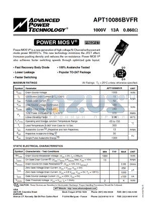 APT10086BVFR datasheet - Power MOS V is a new generation of high voltage N-Channel enhancement mode power MOSFETs.
