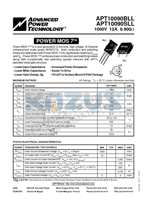 APT10090BLL datasheet - Power MOS 7TM is a new generation of low loss, high voltage, N-Channel enhancement mode power MOSFETS.