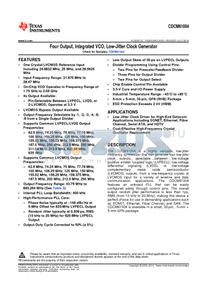 CDCM61004_101 datasheet - Four Output, Integrated VCO, Low-Jitter Clock Generator