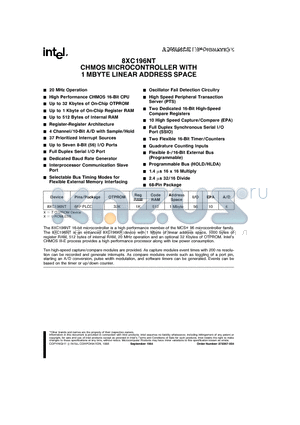 8XC196NT datasheet - CHMOS MICROCONTROLLER WITH 1 MBYTE LINEAR ADDRESS SPACE