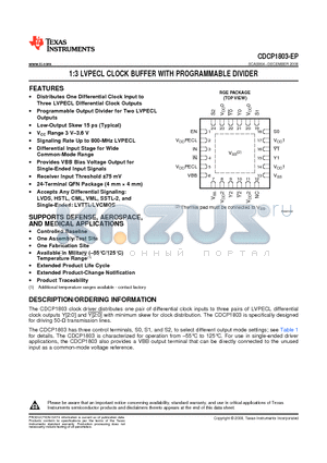 CDCP1803MRGETEP datasheet - 1:3 LVPECL CLOCK BUFFER WITH PROGRAMMABLE DIVIDER