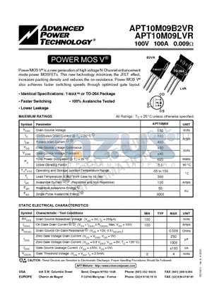 APT10M09B2VR datasheet - Power MOS V is a new generation of high voltage N-Channel enhancement mode power MOSFETs.