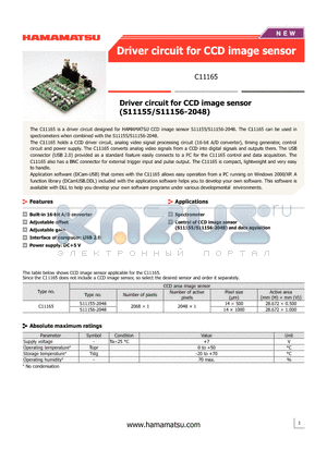 C11165 datasheet - Driver circuit for CCD image sensor Interface of computer: USB 2.0