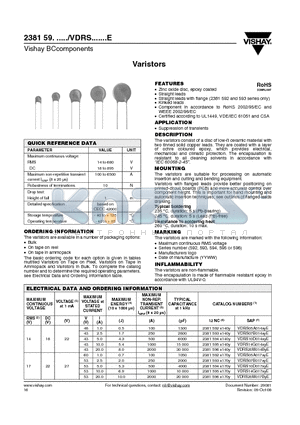 2381594X141Y datasheet - The varistors consist of a disc of low- ceramic material with two tinned solid copper leads