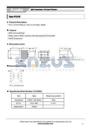 EP1311C datasheet - ADSL Transformer< Pin Type: EP Series>