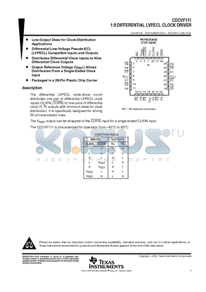 CDCVF111 datasheet - 1:9 DIFFERENTIAL LVPECL CLOCK DRIVER