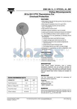 238166351121 datasheet - 30 to 60 V PTC Thermistors For Overload Protection