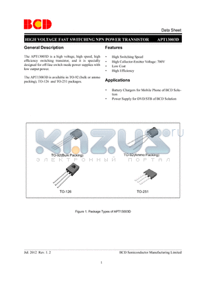 APT13003DI-G1 datasheet - HIGH VOLTAGE FAST SWITCHING NPN POWER TRANSISTOR