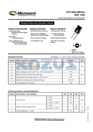 APT150DL60B2G datasheet - Ultrasoft Recovery Rectifi er Diode