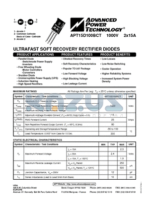 APT15D100BCT datasheet - ULTRAFAST SOFT RECOVERY RECTIFIER DIODES