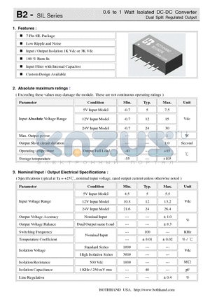 B2-2403S datasheet - 0.6 to 1 Watt Isolated DC-DC Converter Dual Split Regulated Output