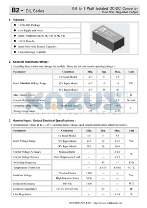 B2-1205D datasheet - 0.6 to 1 Watt Isolated DC-DC Converter Dual Split Regulated Output