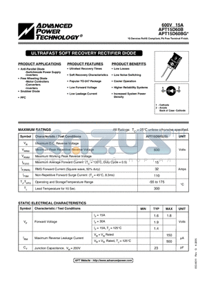 APT15D60B datasheet - ULTRAFAST SOFT RECOVERY RECTIFIER DIODE